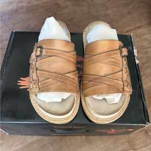 Freebird by Steven Womens Tan Leather Slide Sandals with Buckle Accent